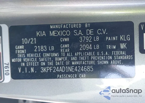 2022 Kia Forte Lxs from USA, damaged, VIN 3KPF24AD1NE424685